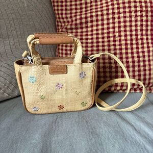 Nine West Y2K natural raffia mini crossbody purse with floral embroidery